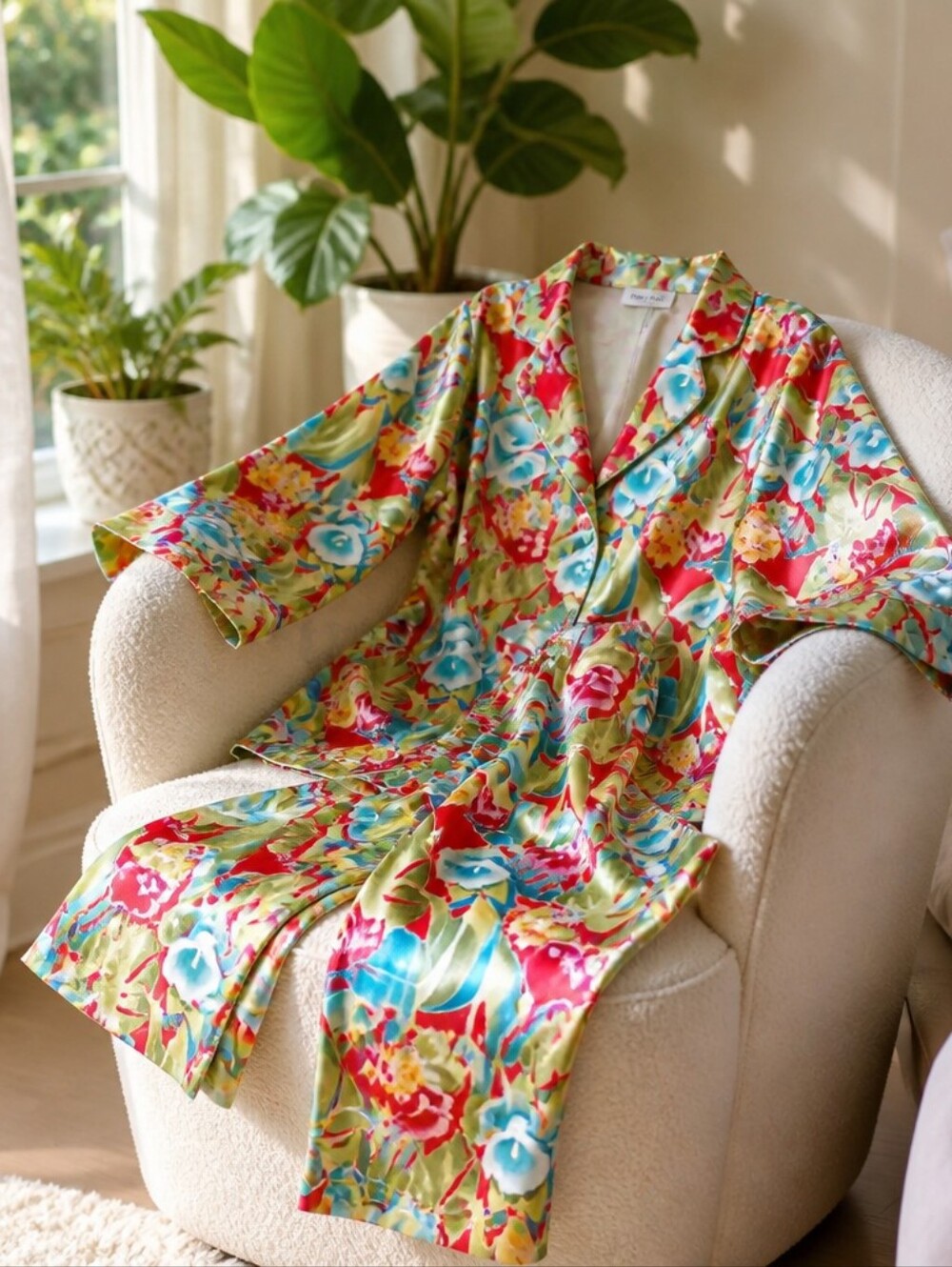 Vintage Miss Fifi Red Green Yellow Satin Floral Pajama Pant and Robe Set Luxe - Picture 5 of 16
